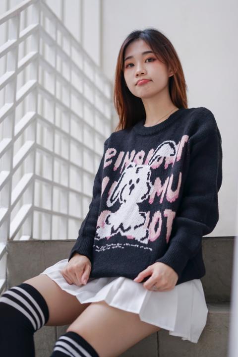 Foto model menggunakan produk Haerin Puppy Sweater